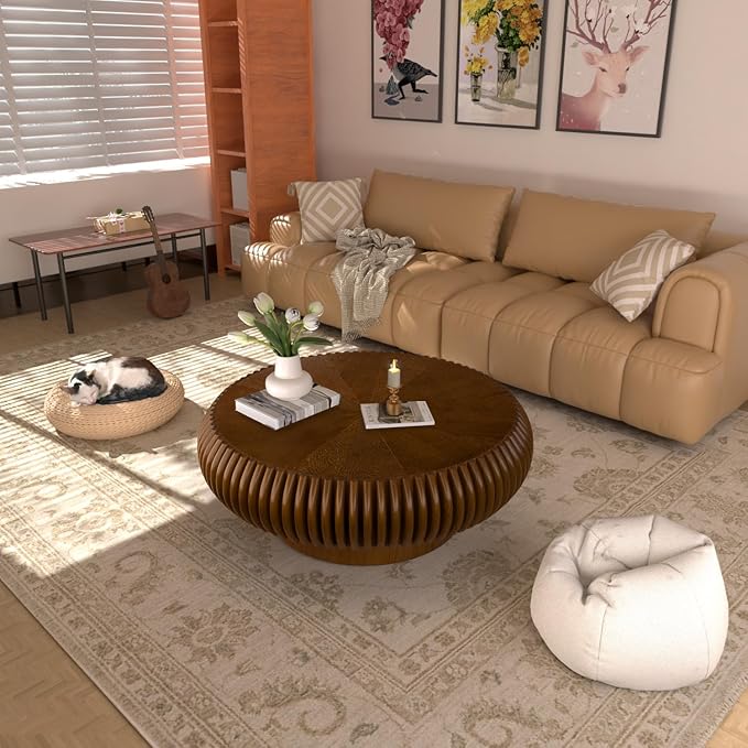 31.5" Drum Coffee Table Modern Unique Fluted Tea Table Contemporary Wood Round Coffee Table with Fluted Centry Table for Living Room Walnut (31.5" Walnut)