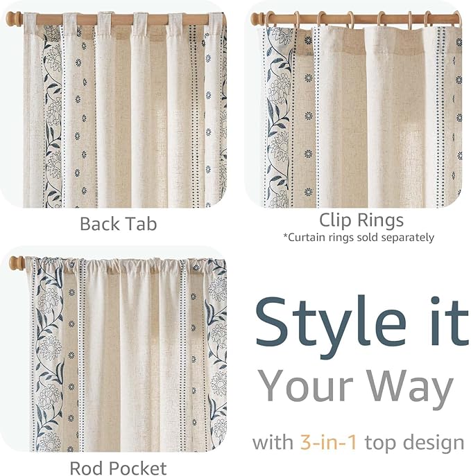 jinchan Winslow 4 Panel Curtains Set 84 Inch Length Embroidered Bordered Floral Curtains for Living Room Farmhouse Decor Light Filtering Window Treatments Blue on Beige Drapes 4 Panels