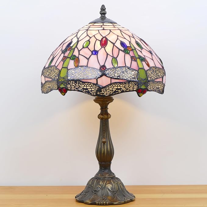 Tiffany Lamp Stained Glass Table Lamp Antique Bedside Reading Light W12H19 Inches (Pink Dragonfly)