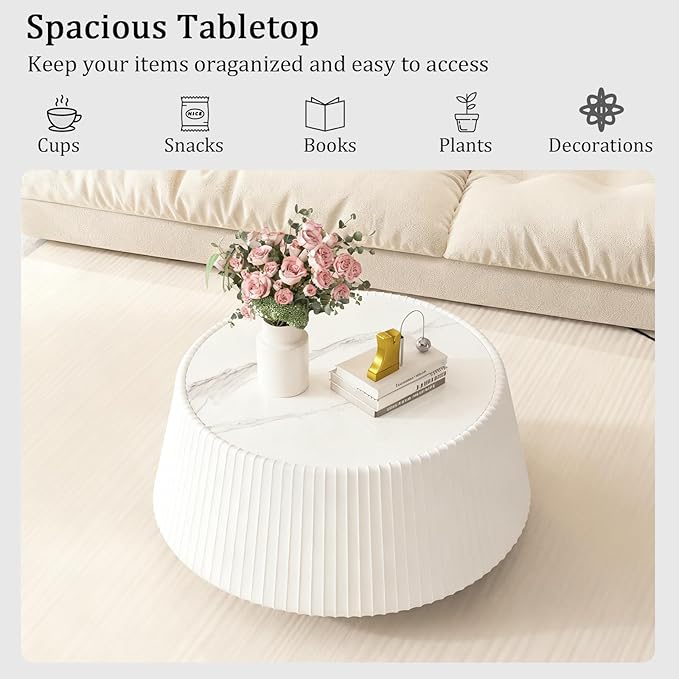 Round Living Room Table Set, 26.77" White Drum Center Table and 19.68" Grey Coffee Table Set, 2 Pieces Coffee Table Set with Sintered Stone Tabletop, Fluted PU Leather Covered and StableBase