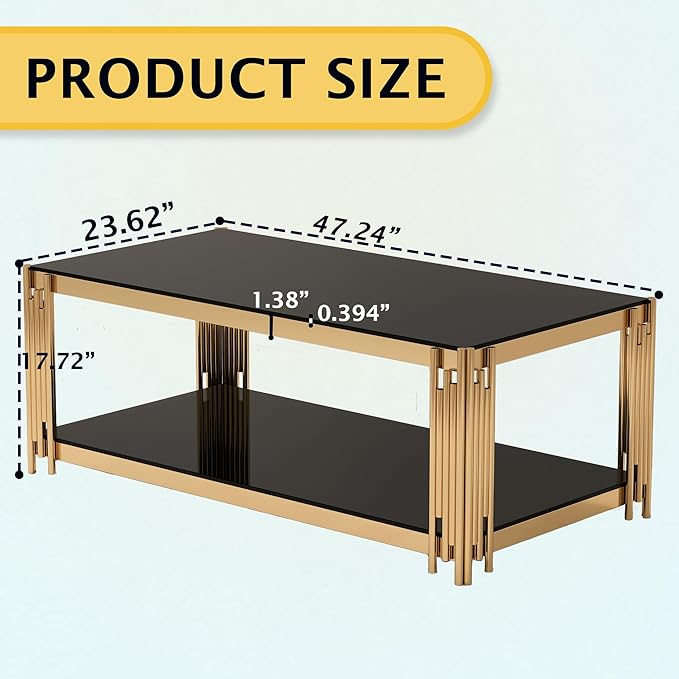 Rectangular Black Glass Coffee Table, 47" Center Table Living Room Table, Gold Stainless Steel Irregular Leg, Double-Layer Structure, Black Glass Desktop, Luxury