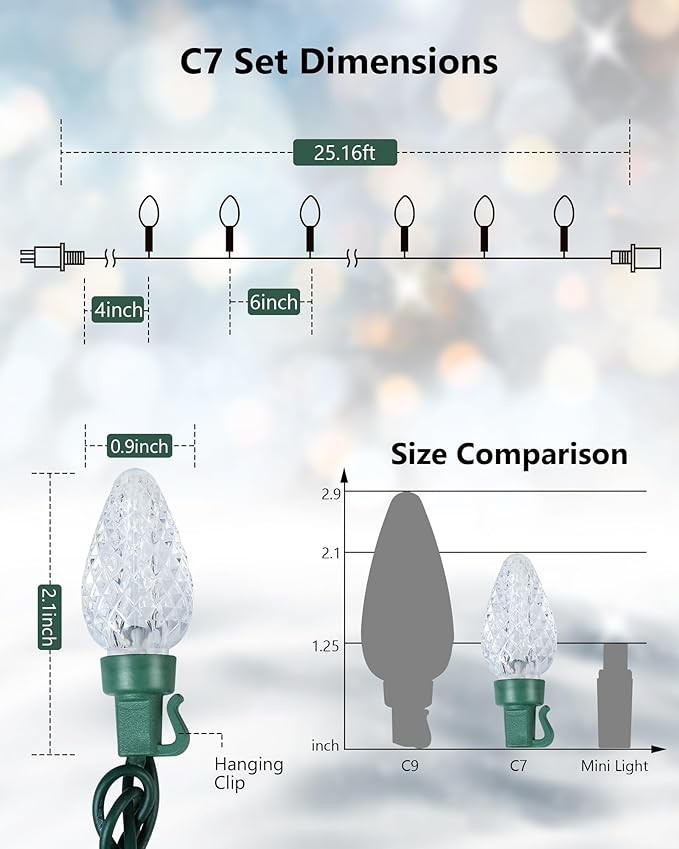 2-Set C7 LED Christmas String Lights, 25.16FT 50 LED Connectable Outdoor Indoor Decorative Light Strand, Red & White Xmas Holiday Lights for House, Christmas Tree, Patio, Party Decoration, UL Listed