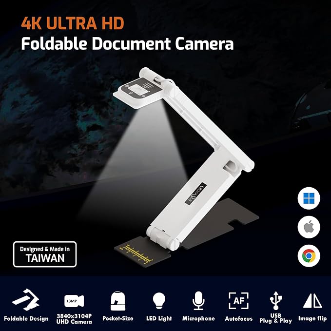 INSWAN INS-Flip 4 4K USB Portable Document Camera/Webcam/Visualiser—13MP Ultra HD, Foldable Design, Auto Focus, Mic, LED, Compatible with Mac OS, Windows, iPad, Chromebook for Distance Learning