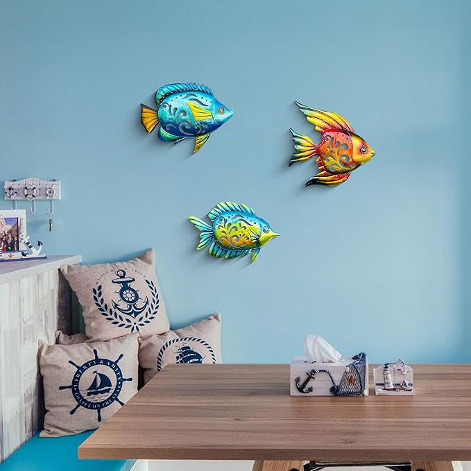 Weibefee Coastal Wall Decor, Ocean Sea Metal Fish Wall Christmas Decor, Hanging Wall Art Christmas Decorations Gift for Indoor Outdoor, Beach Nautical Tropical Fish Wall Sculpture for Pool Bathroom Bedroom Patio