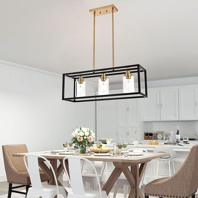 MELUCEE Dining Room Light, Island Lights for Kitchen Modern Chandeliers Rectangle Black 3 Lights, Linear Pendant Ceiling Lighting Fixture with Clear Glass Shade and Brass Socket, E26 Base