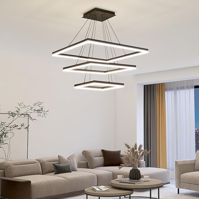 Modern LED Chandelier, 3 Ring Square LED Pendant Ceiling Light, Dimmable Foyer Chandelier Lighting Fixture, Adjustable Height Over Table Hanging Light for Living Dining Room, Bedroom, Study Room