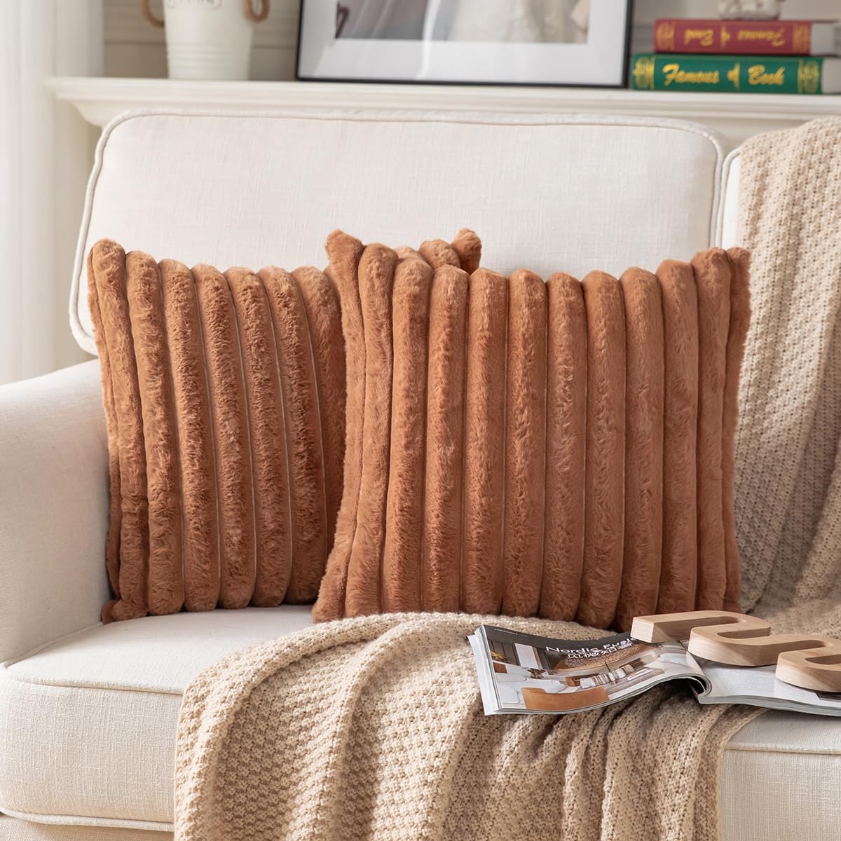 DEELAND Pack of 2,Double-Sided Faux Fur Plush Decorative Throw Pillow Covers Fuzzy Striped Soft Pillowcase Cushion Covers for Sofa Couch Bedroom Brown 20x20 inch