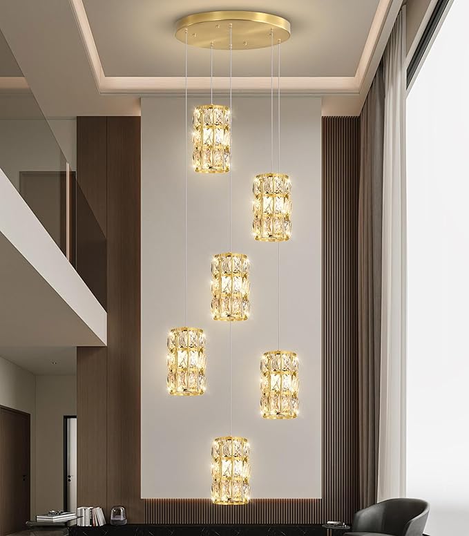 6-Lights Modern Crystal Pendant Lights for Kitchen Island LED Dimmable Glam Pendant Lighting Chandelier for Dining Room Hallway Corner Lamp Gold