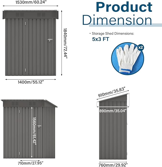 5x3 FT Outdoor Storage Shed, Small Metal Garden Shed with Lockable Hinged Door, Outside Tool Sheds with Sloped Roof & 2 Air Vents, Waterproof Storage Building for Backyard, Patio, Lawn, Gray