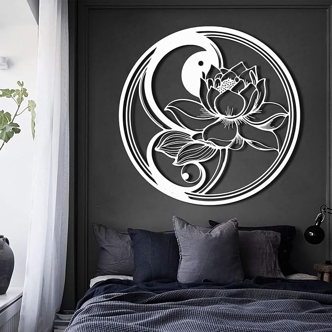 Yin Yang Lotus Flower Metal Wall Art, Metal Lotus Flower Wall Decor, Yin Yang Metal Wall Art, Yoga Sign Wall Art, Metal Wall Art for Living Room, Bedroom, Yoga Studio (Silver, 47"x47"/120x118cm, metal wall art)