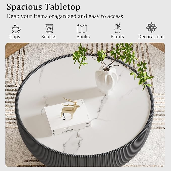 Round Living Room Table Set, 27.56" Grey Drum Center Table and 19.69" White Coffee Table Set, 2 Pieces Coffee Table Set with Sintered Stone Tabletop, Fluted PU Leather Covered and Metal Base