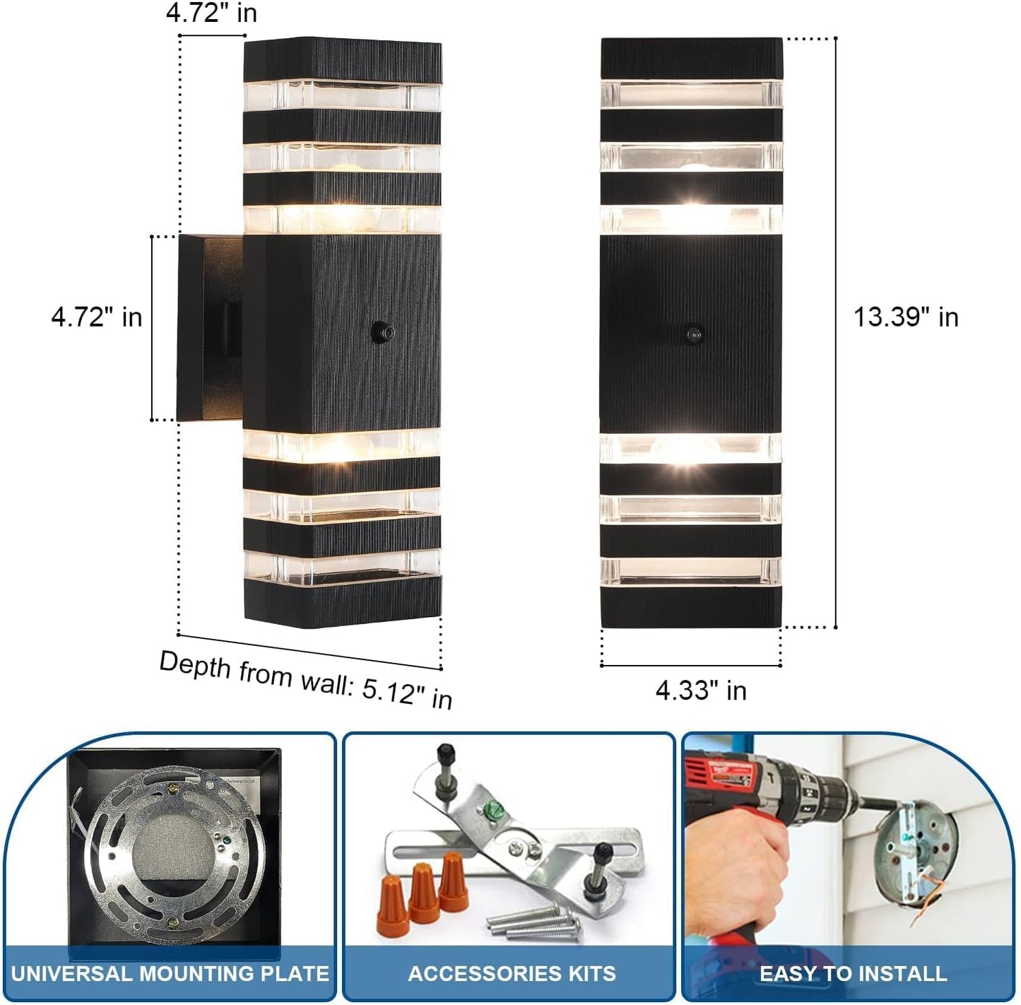 Dusk to Dawn Sensor Outdoor Wall Lights Up Down Porch Lights Modern Exterior Light Fixtures Photocell Waterproof Black Aluminum Housing for Front Porch, Patio, Garage (Use Two E26 Bulbs)