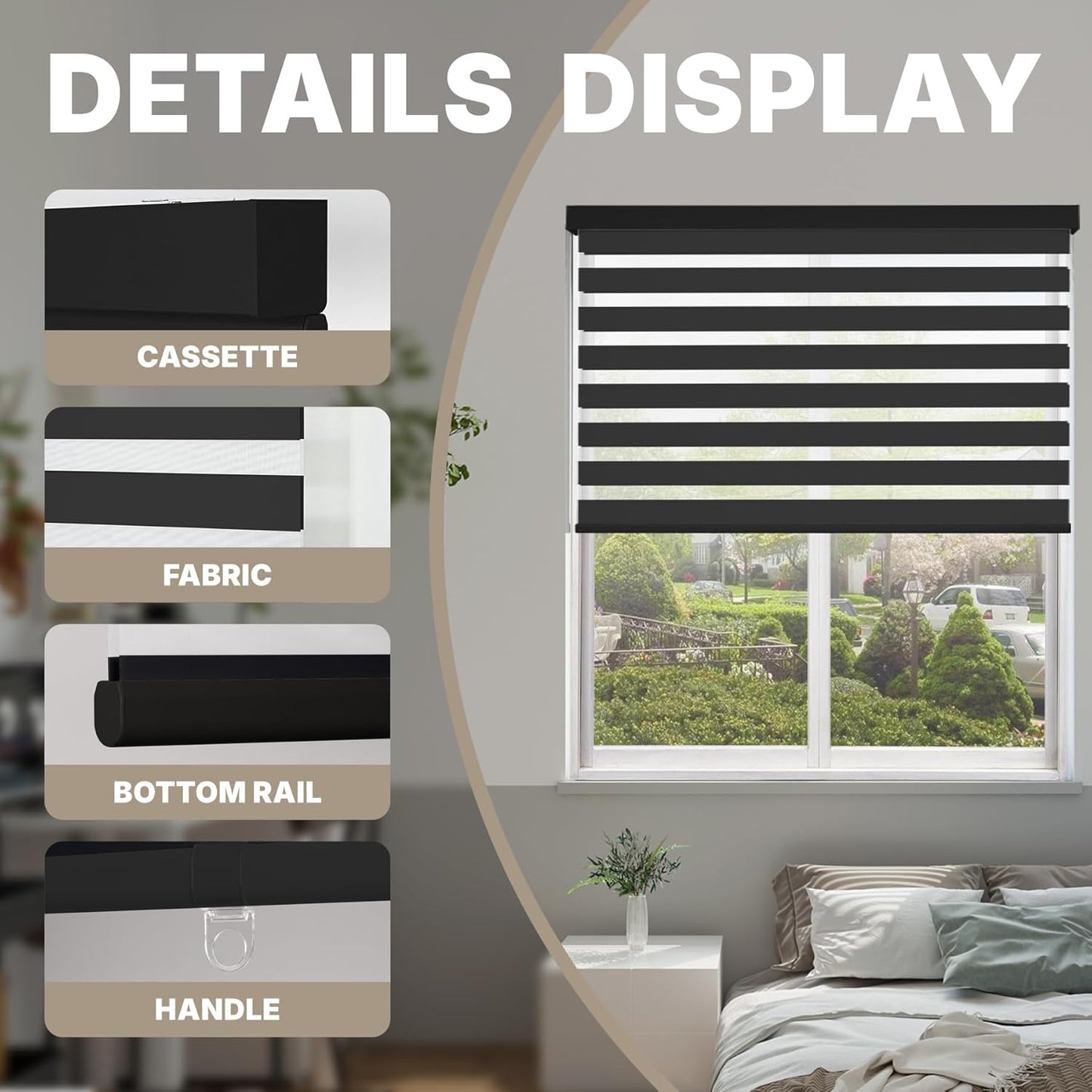 HESTIA Cordless Zebra Blinds Light Filtering Roller Shades UV Blocking Blackout Privacy Indoor Window Shades for Home Office Day and Night, Black,38" W x 54" H