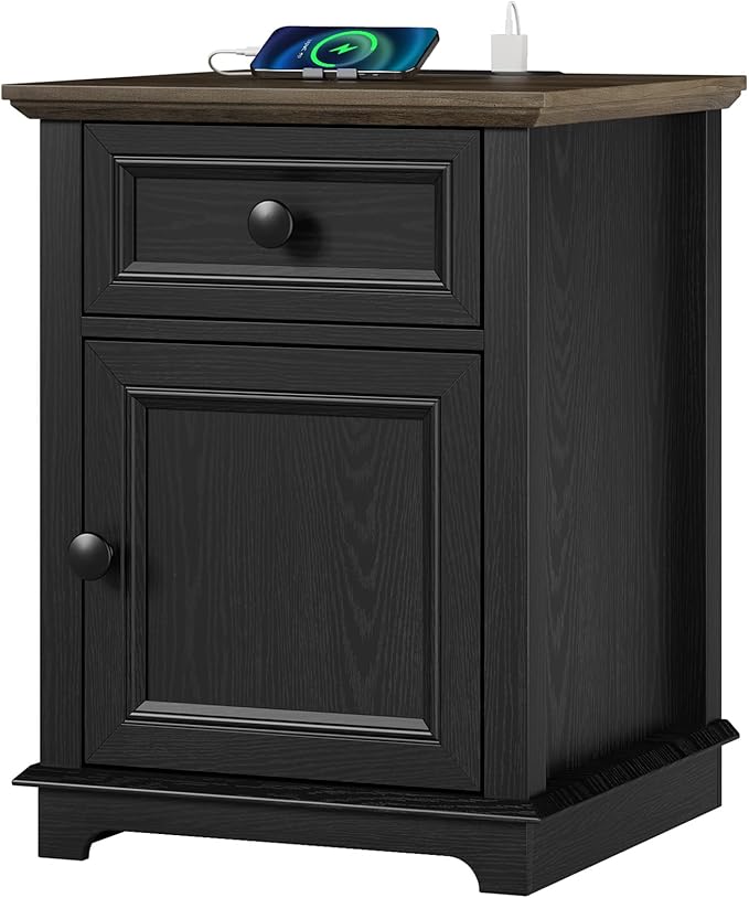 End Table with Charging Station, Fast Charge, End Table with Drawer, Big Storage Side Table for Living Room/Bedroom, Black