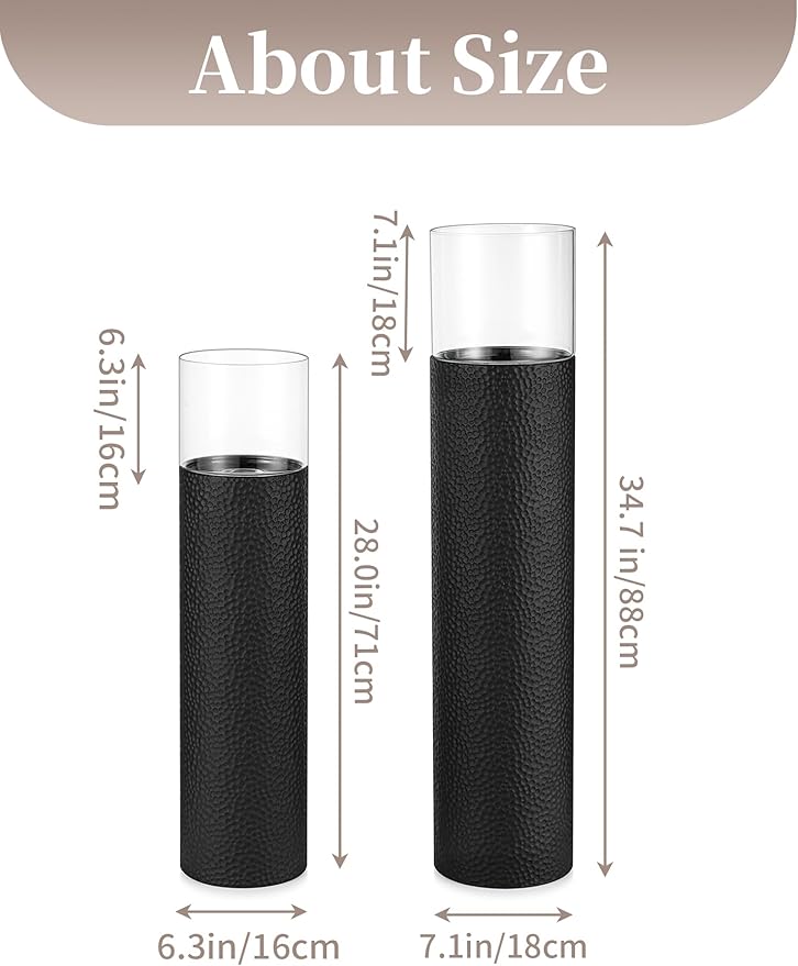 Sziqiqi Tall Floor Candle Holders: 34/27 inch Hurricane Pillar Candleholders Set of 2 for Home Decor - Large Black Cylinder Candle Stand for Outdoor Porch Living Room Fireplace