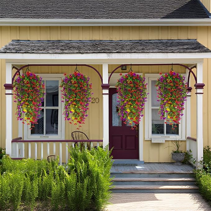 EROCK Artificial Flowers for Outdoors, 4PCS Fake Silk Hanging Flowers for Decoration UV & Fading Resistant, Realistic Faux Plants & Flowers for Porch Patio Balcony Window Box Home Decor (Mix Colors)