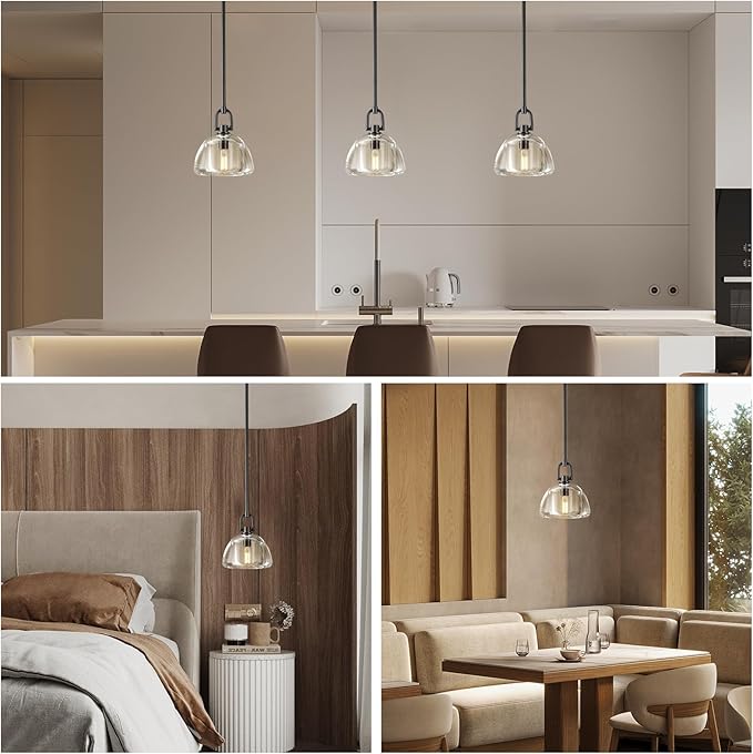 Pendant Light Fixture, 7" Glass Modern Black Pendant Lights Kitchen Island, Hanging Glass Dome Pendant, Black Kitchen Pendant Lighting Over Island, E12 Bulb Included, 2PCS