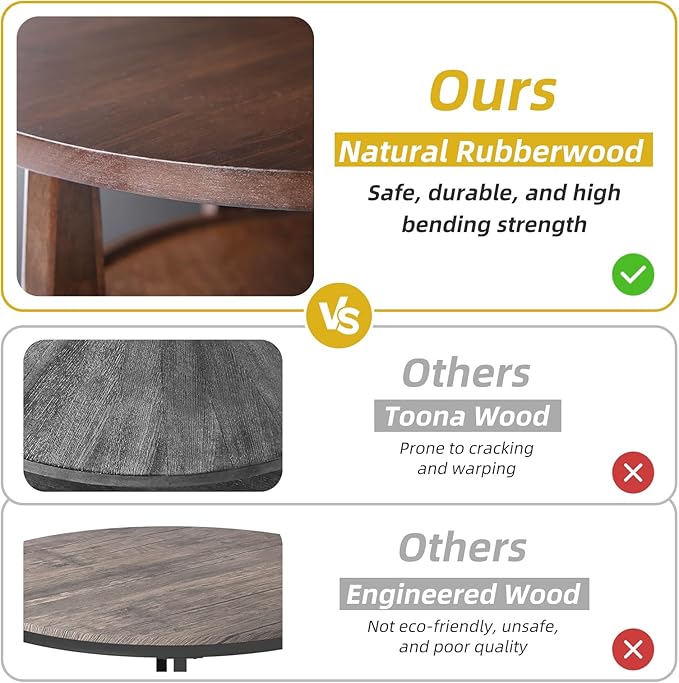 Round Coffee Table with Storage and Hidden Drawer - 20" D x 20" H Natural Wood Side Table with Sliding Drawer, Small Coffee Table for Living Room, Round Nightstand with Drawer, Dark Brown