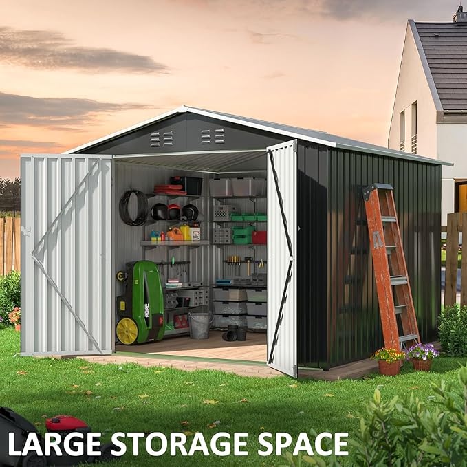 8x8 FT Outdoor Storage Shed, Garden Shed with Updated Frame Structure and Lockable Doors, Metal Tool Sheds for Backyard Garden Patio Lawn, Gray