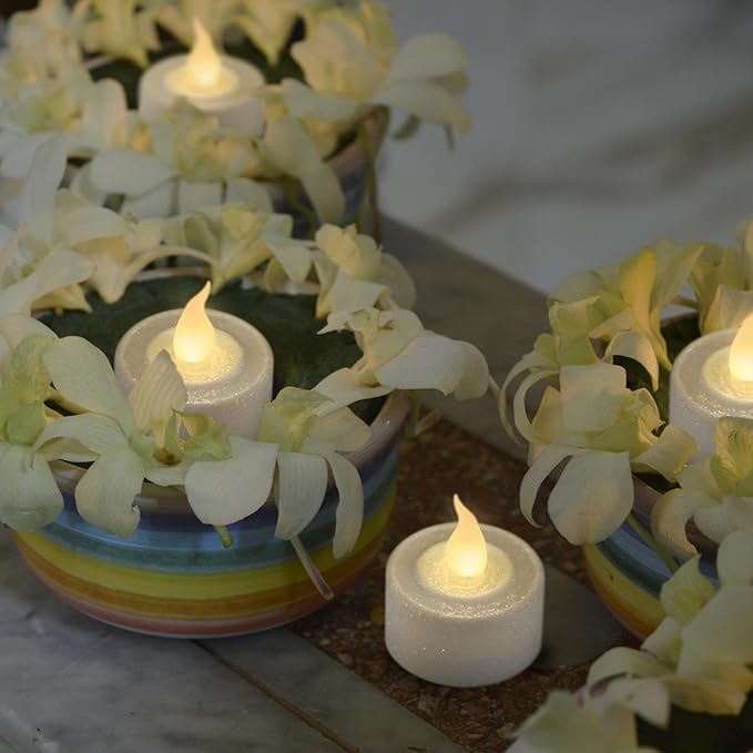 FURORA LIGHTING White Glitter LED Tealight Candles Pack of 12, Flameless Flickering Tealight Candles for Home Décor, 1.5’’(W) x 1.65’’(H), Battery Operated