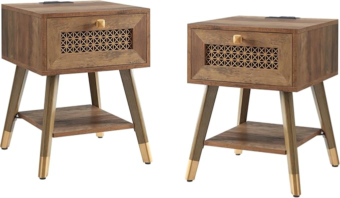 Mid Century Modern End Table, Rustic Oak Small Side Tables with Charging Station & Outlets and USB Ports, Wood Nightstand with Storage Drawer and Open Shelf for Living Room,Set of 2