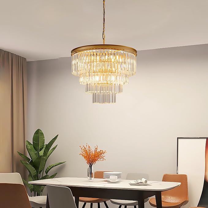 Gold Crystal Chandelier 10-Lights 22.9" Crystal Pendant Lights 4-Tier Luxury K9 Ceiling Hanging Dining Room Light Fixture for Hallway Living Room Bedroom Kitchen Island Entryway Stairway Office