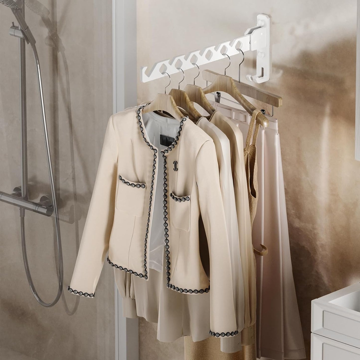 Wall Mount Coat Hanger Holder White Clothes Drying Organizer Rack Garment Hooks Aluminium Retractable Folding Indoor Wall Mounted Hanger Space Saver for Laundry Room Bedroom White 2 Pack with 8 Hooks