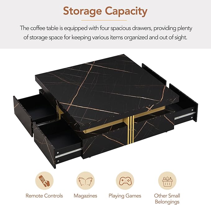 Merax 43.3" Modern Square Storage Coffee Table with 4 Drawers, with Marbling Gold Accents, Functional Center Tables for Living Room Apartment, Black
