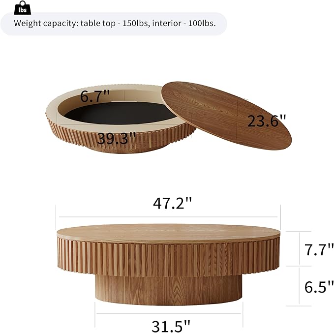 47" Oval Coffee Table with Hidden Storage Compartment, Modern Handcraft Fluted Drum Coffee Table, Wooden Oval Center Table Cocktail Tea Table with Sturdy Pedestal for Living Room, Natural