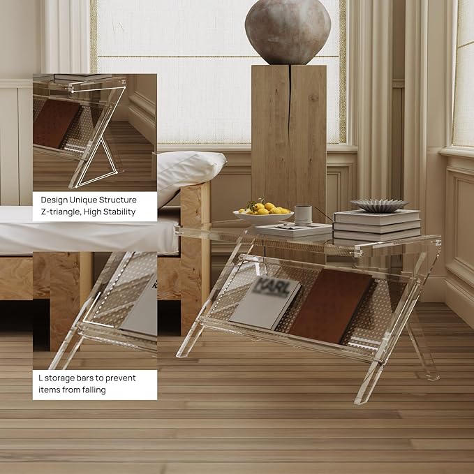 HMYHUM Acrylic Coffee Table for Living Room, Clear Unique Rattan Center Table, Rectangle Tea Table for Bedroom Office Reception Room, 31.5" L × 15.75" W × 17.72" H, Modern, Easy Assembly