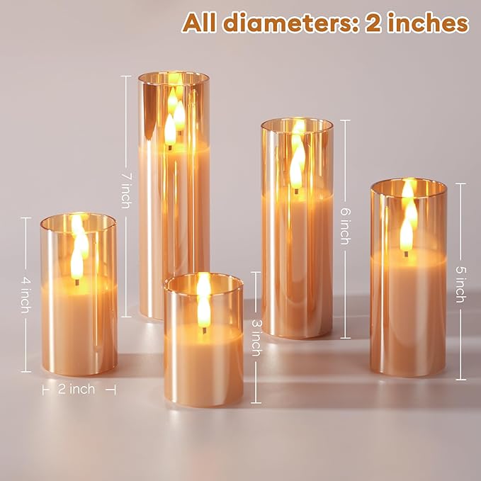 Gold Glass Flameless Candles with Remote Batteries, Flickering Slim LED Pillar Candles Christmas Holiday Decor Set of 5