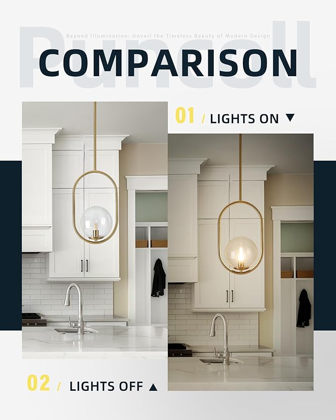 Gold Pendant Light Fixtures - 1-Light Pendant Light Fixture for Kitchen Island with Clear Glass - Modern Hanging Lights for Dining Room H9376-CLBG