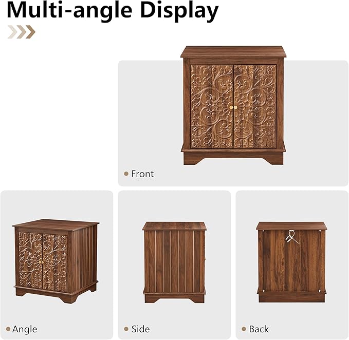 End Table Set of 2, Carved Floral Square Nightstand with Adjustable Shelf, Farmhouse Wooden 2 Door Side Table for Living Room Bedroom (Walnut)