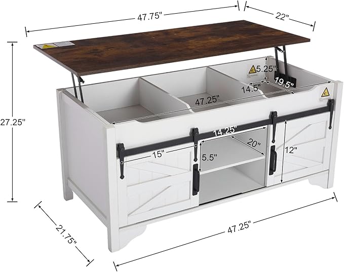 47.64" W Lift Top Coffee Table with Sliding Barn Door Rustic Rectangle Storage Coffee Tables, Wood Center Table with Hidden Storage Compartment for Home, Office, White and Brown