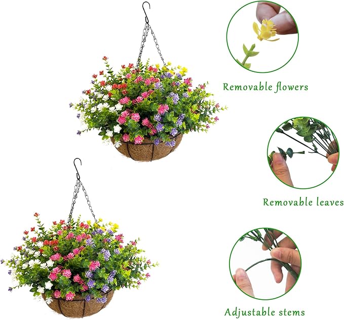Artificial Hanging Plants Flowers with Basket 2 Packs, Artificial Hanging Flowers for Outdoors, Faux Hanging Plants Outdoor, Fake Flowers, Yellow+Purple+Pink+Red+White+Green