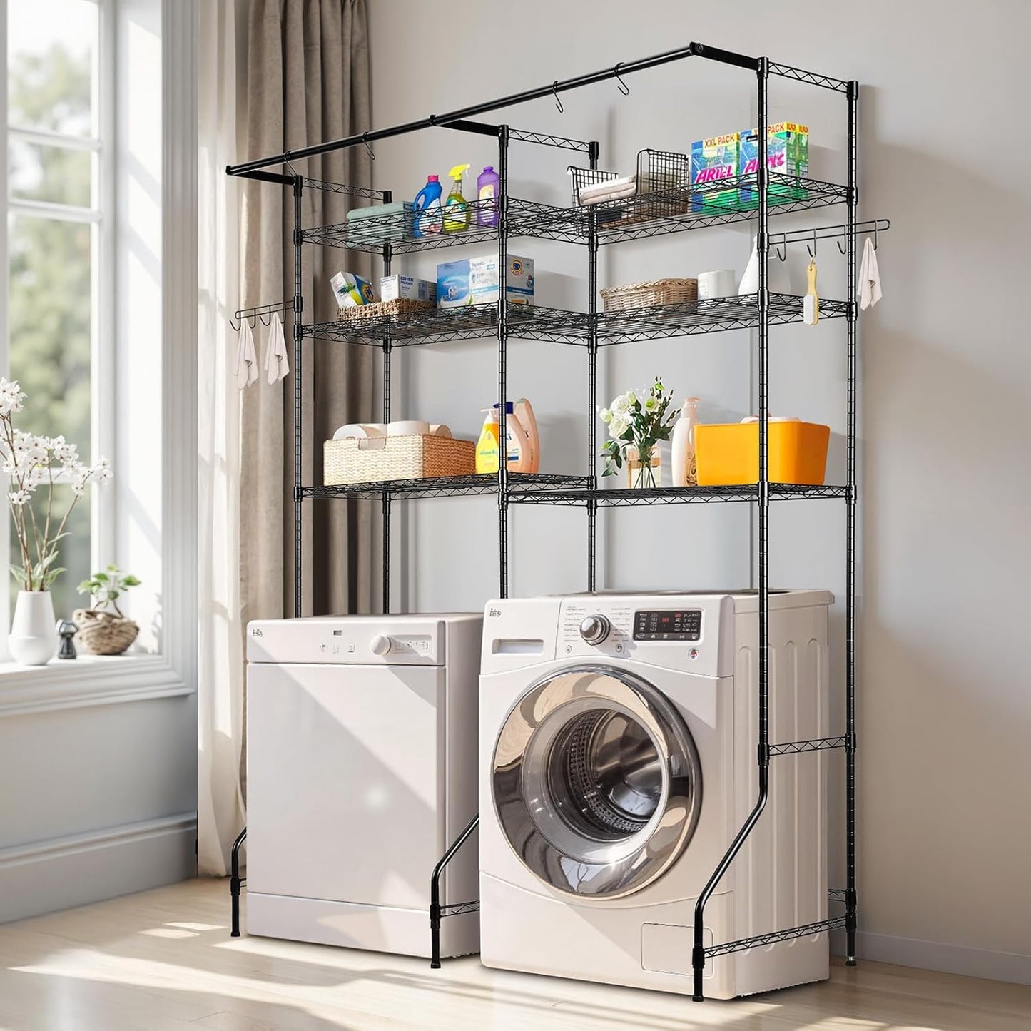 VEVOR Over The Washer and Dryer Storage Shelf, 6 Tier Laundry Room Drying Rack with Hanger Rod and Hooks, Adjustable Over Washer and Dryer Shelves, Laundry Room Shelf Storage Space Saver, Black