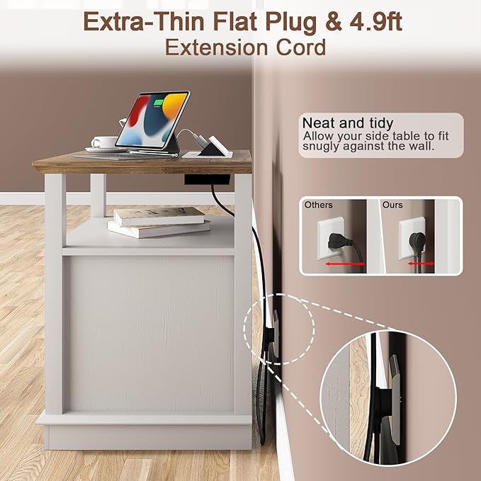 HIFYOBRO Large End Table Set of 2, Flip Top Charging Station and 2 Drawers, Type-C & USB Port & Power outlets, Wooden Storage Cabinet, Side Table with Storage for Living Room and Bedroom (White)