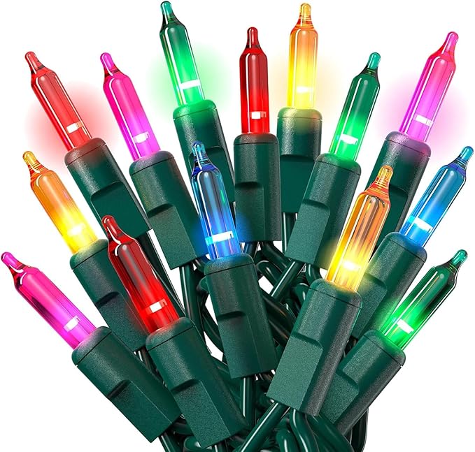 PREXTEX 50 Ct. Multi-Color Christmas Tree Lights with Green Wire - 10 Ft String Lights for Indoor and Outdoor Use - Multicolor Incandescent Christmas Tree Decoration with End-to-End Connectors