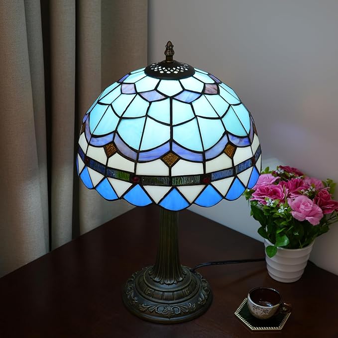 Tiffany Table Lamp Stained Glass Lamp Mediterranean Blue Bedroom Table lamp Reading Desk Light for Bedside Living Room Office Dormitory Dining Room Decorate Housewarming Gift 12X12X18 inches