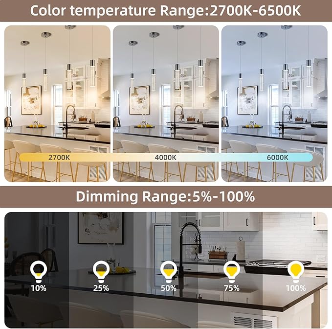 Pendant Lights Kitchen Island, 2700-6000K Modern Kitchen Island Lights,Black Dimmable Hanging Light Fixtures with Crystal Bubble, 12W LED Hanging Light for Dining Room, (3Pack)