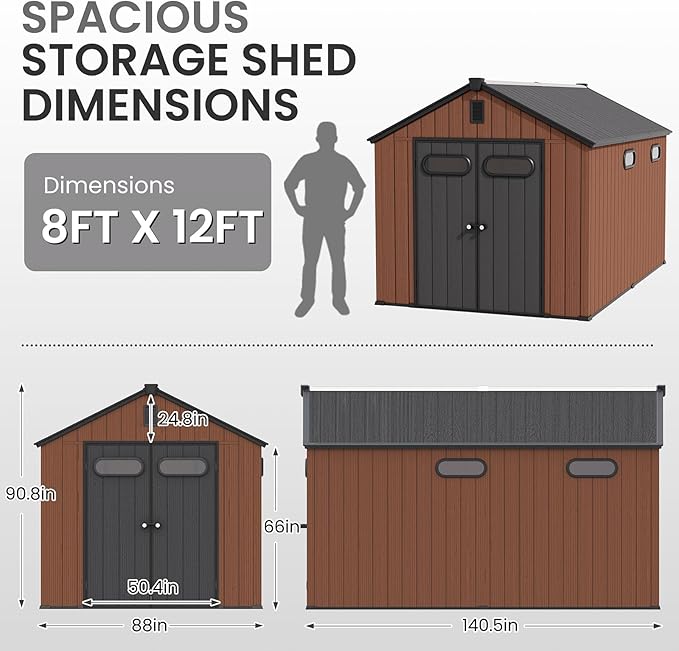 CRESTLIVE 8x12 FT Rust-Resistant Plastic Outdoor Storage Shed, Waterproof Resin Garden Shed with Floor, Doors, Skylight & Vent for Lawn Tools & Bikes