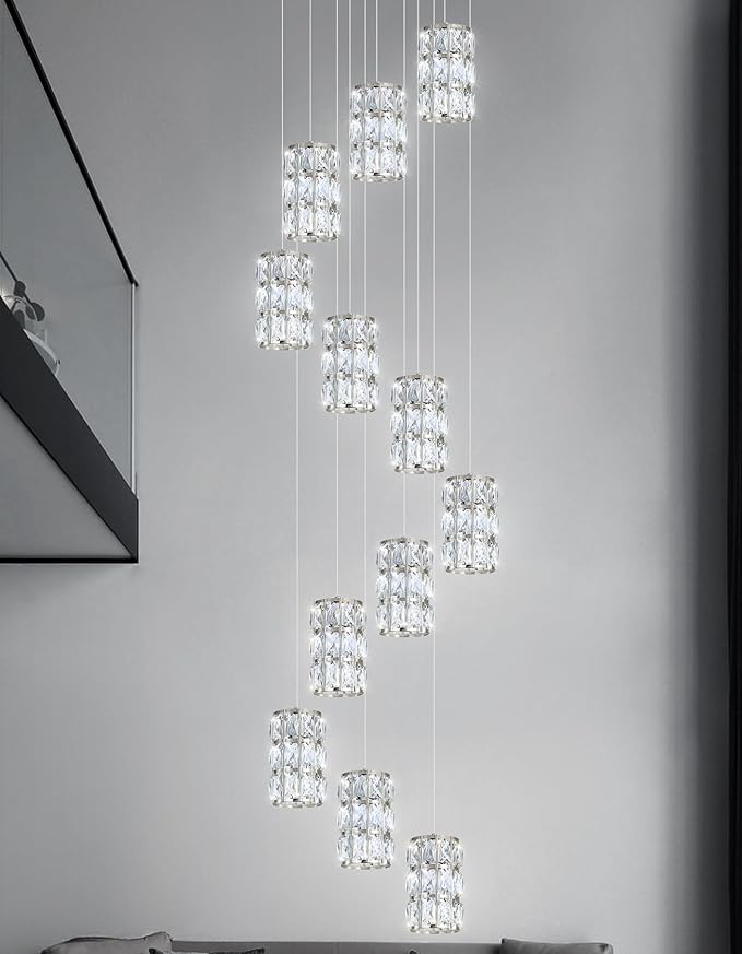 12-Lights Modern Crystal LED Dimmable for Staircase Foyer High Ceiling Chandeliers Hallway Nickel