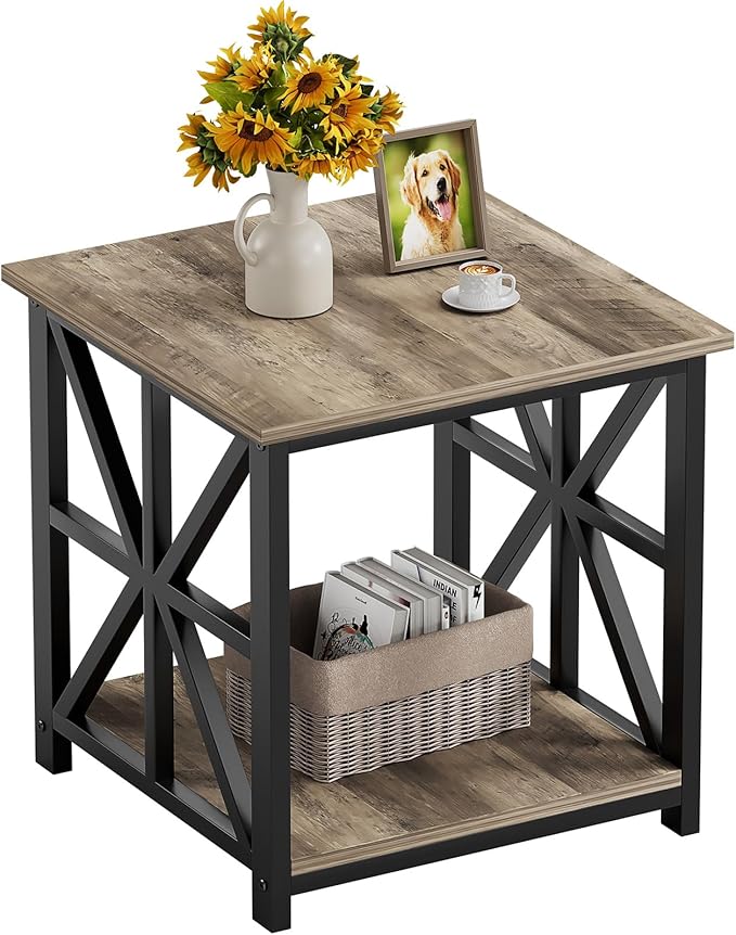 GreenForest End Table with 2-Tier Storage Shelf, 19.7 inch Side Table for Living Room, Modern Nightstand Bedside Table for Bedroom Office, Grey Wash