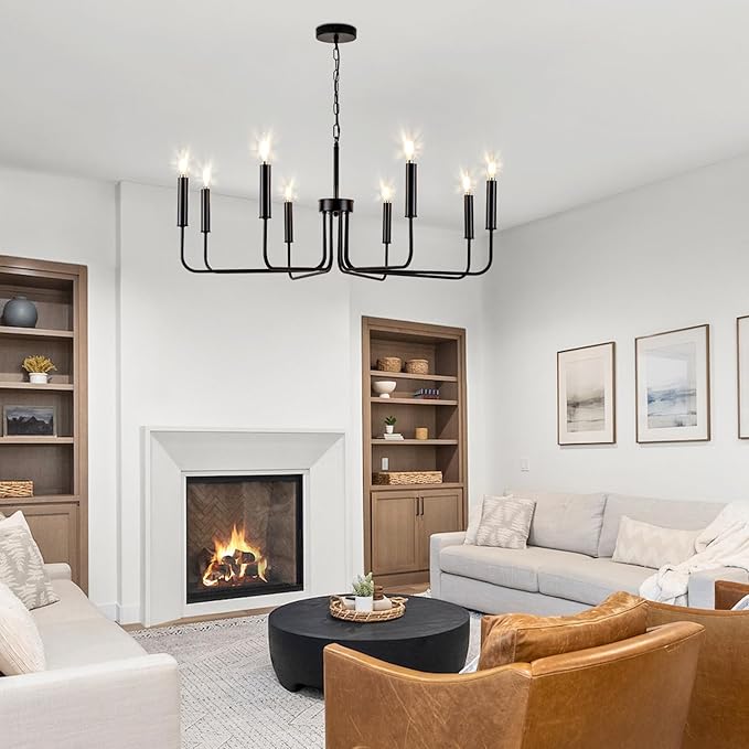 Farmhouse Candle Chandelier, 8 Light Rustic Black Ceiling Pendant Light Fixture, L-Arm Design Industrial Dining Room Hanging Lighting for Living Room, Entryway, Foyer, Kitchen Island