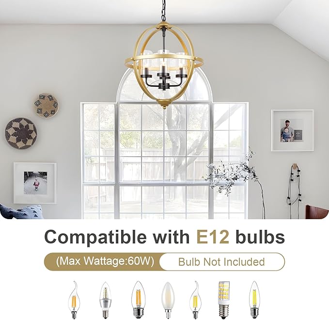 Treekee Chandelier Farmhouse Hanging Lighting, 4-Light Globe Orb Chandelier, Adjustable Modern Farmhouse Pendant Light Fixture for Dining Entryway Foyer, Gold