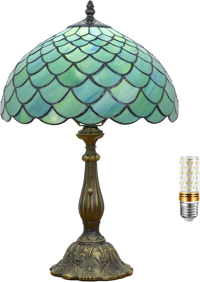 Tiffany Lamp Stained Glass Table Lamp Antique Bedside Reading Light W12H19 Inches (Fishscale Style)