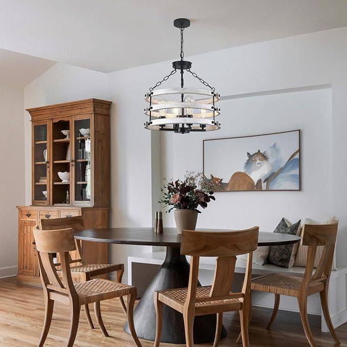 Luupyia Rustic Farmhouse Chandelier, 18.89 Inches White Drum Farmhouse Foyer Chandeliers Island Light, Rustic Vintage Pendant Light Fixture for Dining Room Entryway 4Lights E26