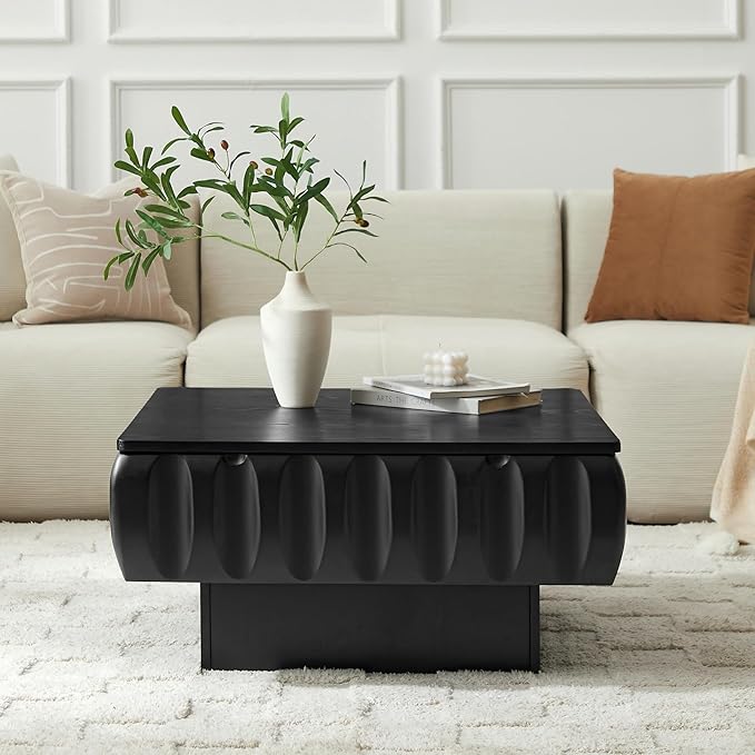 31.1" Square Lift-Top Coffee Table, Modern Fluted Tea Table with Hidden Storage for Living Room, Apartment or Office, Black