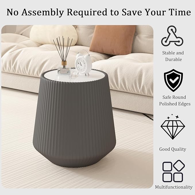 Round Living Room Table Set, 26.77" White Drum Center Table and 19.68" Grey Coffee Table Set, 2 Pieces Coffee Table Set with Sintered Stone Tabletop, Fluted PU Leather Covered and StableBase