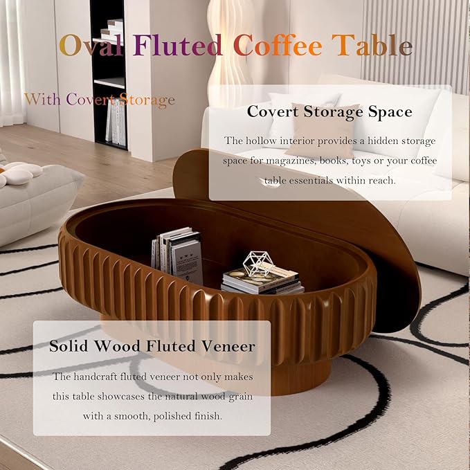 43.3" Oval Drum Coffee Table with Storage Retro Rustic Center Table - Solid Wood Handcrafted Relief Veneer for Farmhouse Apartment (D Oval 43.3in)